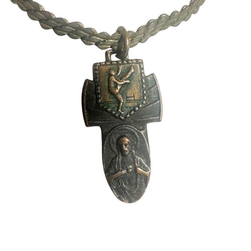 Vintage Religious & Athletic Medal Necklace – Sacred Heart & Torchbearer Pendant